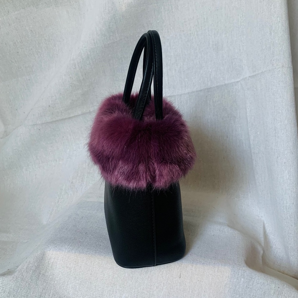 Vegan Leather Faux Fur Top Handle Handbag - Black Purple - Picture 6 of 7